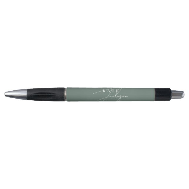 Stylo Monogramme de signature de style vert sauge élégan (Devant)