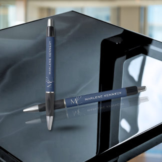 Stylo Monogramme élégant argent Logo bleu marine