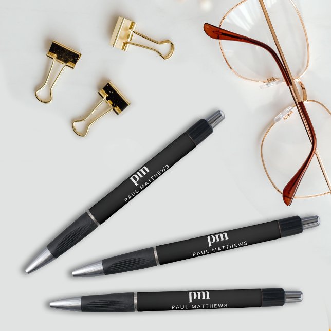 Stylo Monogramme et nom professionnel élégant noir (Créateur téléchargé)