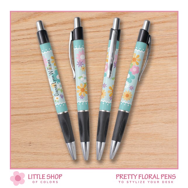 Stylo Monogramme floral blanc bleu (Créateur téléchargé)