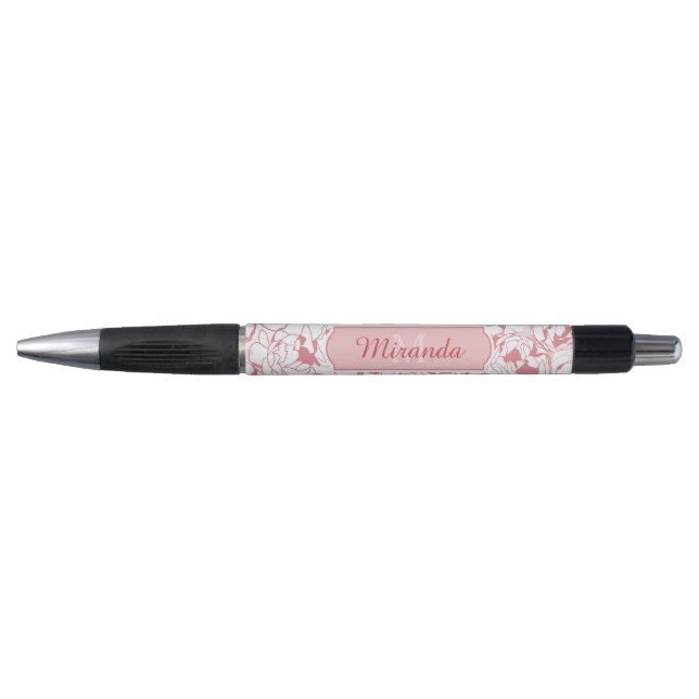 Stylo Monogramme Floral Rose Lumière Moderne Avec Nom (Devant)