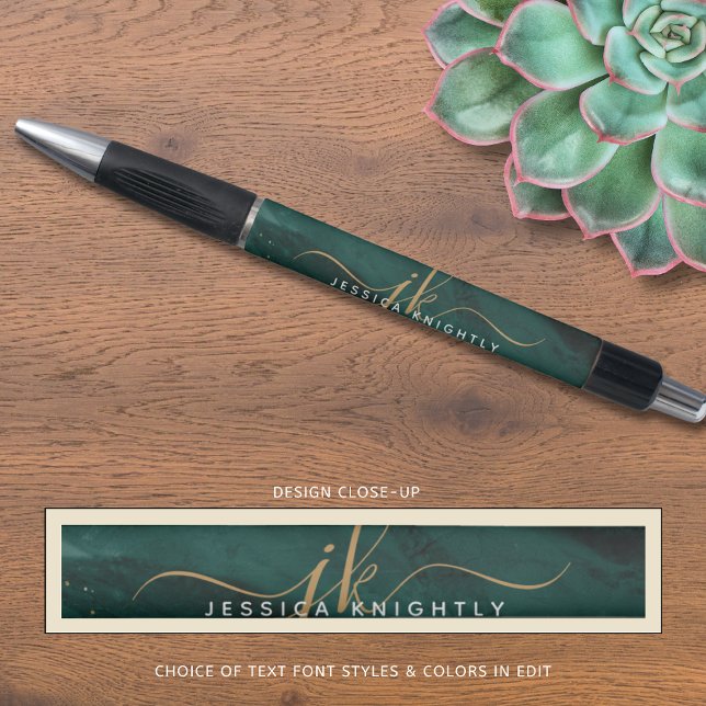 Stylo Monogramme Script Paillet Turquoise Teal Agate Or (Créateur téléchargé)