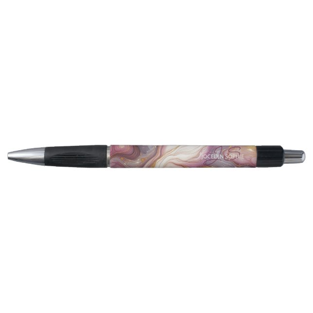 Stylo Motif d'art Marbre blanc rose foncé violet or (Devant)