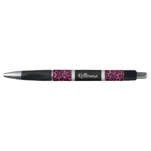 Stylo Motif de rose, argenté et noir de léopard - text