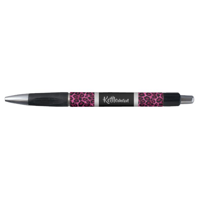 Stylo Motif de rose, argenté et noir de léopard - texte (Devant)