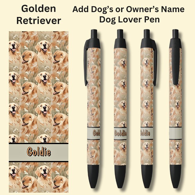 Stylo Noir Ajouter le nom du propriétaire ou du chien, Golden (Créateur téléchargé)