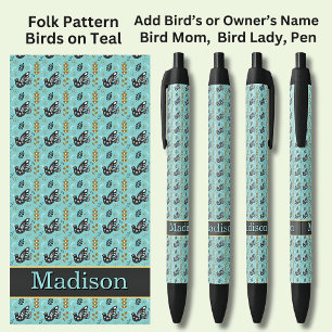 Stylo Noir Ajouter Nom, Folk Motif Black Birds sur Turquoise 