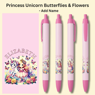 Stylo Noir Ajouter Nom Princesse avec Unicorn Papillons Fleur