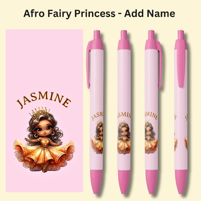 Stylo Noir Ajouter un nom, Afro Fairy Princess sur rose (Créateur téléchargé)