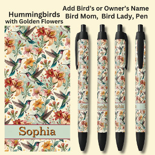 Stylo Noir Ajouter un nom, Colibris aux fleurs d'or
