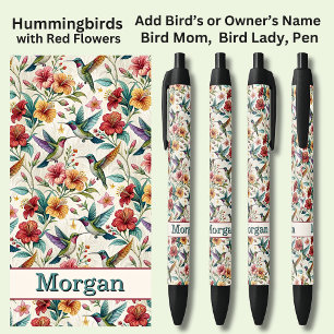 Stylo Noir Ajouter un nom, Colibris aux fleurs rouges