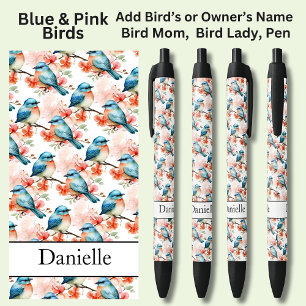Stylo Noir Ajouter un nom, des oiseaux bleus et roses