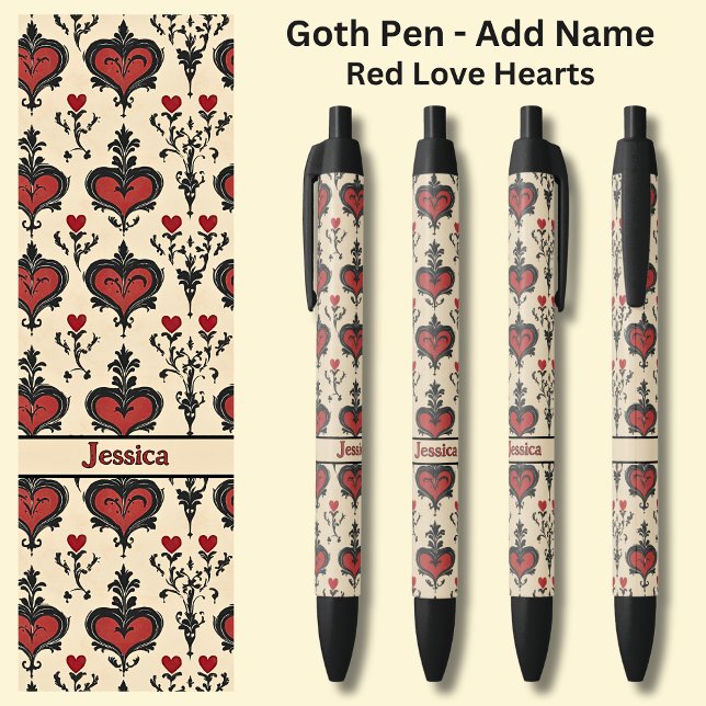 Stylo Noir Ajouter un nom, Goth Gothic Red Valentines Love He (Créateur téléchargé)