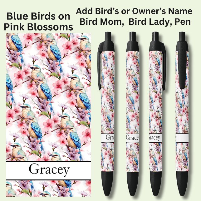 Stylo Noir Ajouter un nom, Oiseaux bleus sur les fleurs roses (Créateur téléchargé)