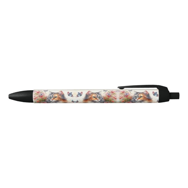 Stylo Noir Amoureux de les chats Calico Cat Floral Écriture (Haut)