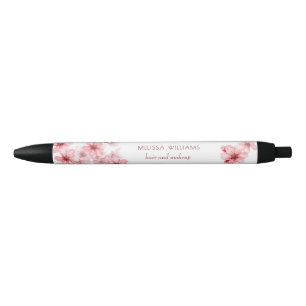 Stylo Noir Aquarelle Fleurs de Cerisier Floral Rose