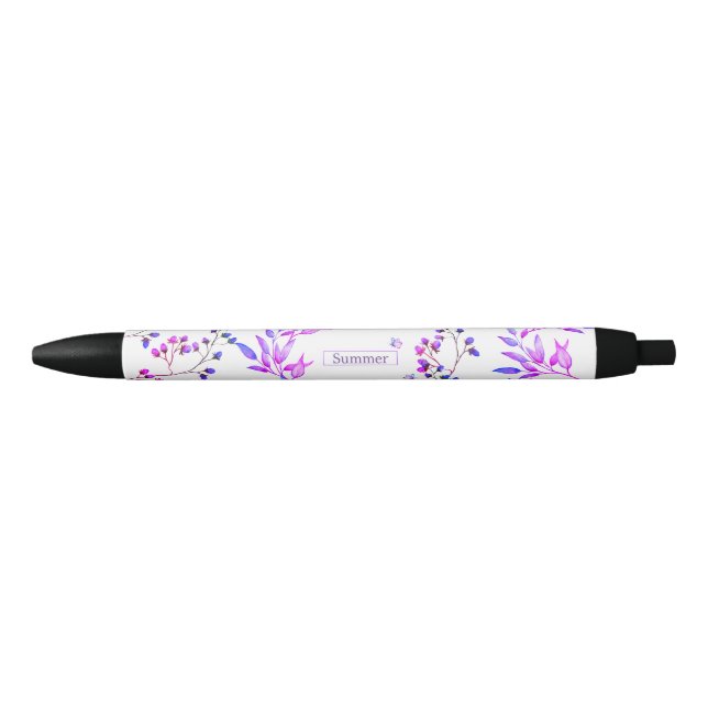 Stylo Noir Aquarelle fleurs violettes et papillons mignons (Devant)
