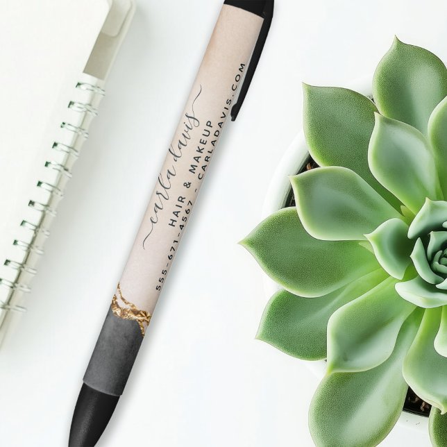 Stylo Noir Aquarelle Pink Black Gold Marble Script Salon (Créateur téléchargé)