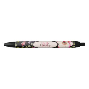 Stylo Noir Aquarelle rose Roses jaunes sur noir, Monogramme