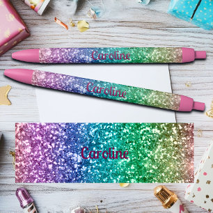Stylo Noir Arc-en-ciel Coloré Paillettes Nom Personnalisé