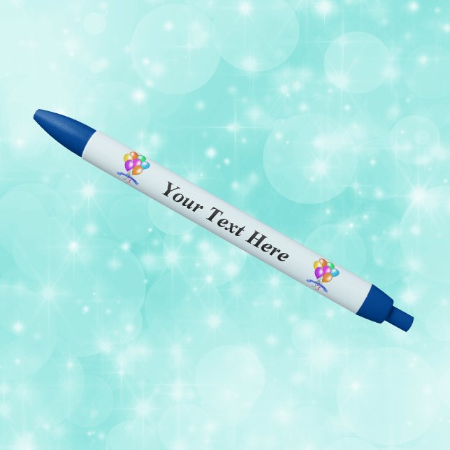 Stylo Noir Ballons d'anniversaire colorés et heureux (Bright Colourful balloons Happy Birthday banner on blue writing pen.)