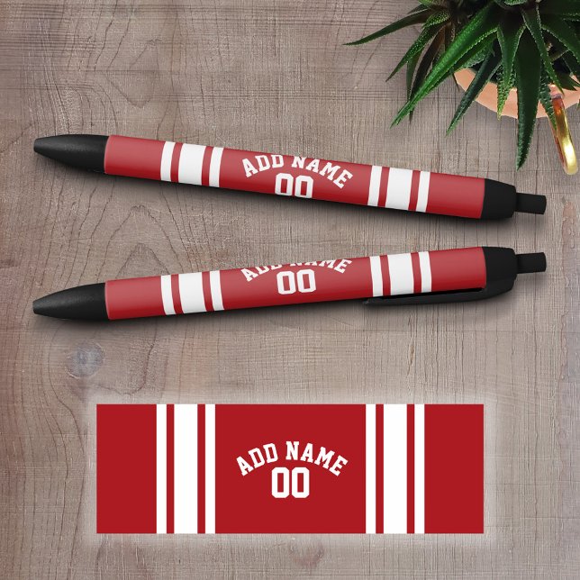 Stylo Noir Bandes rouges et blanches avec nom et numéro (Personalized Writing Pens - add your name, monogram or other text)