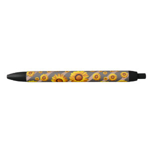 Stylo Noir Belles fleurs jaunes sur gris, rayures marron