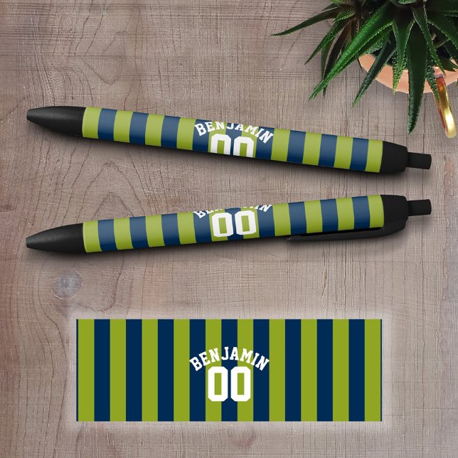 Stylo Noir Bleu de la Marine et Graines de Rugby Vert Nom Num (Personalized Writing Pens - add your name, monogram or other text)