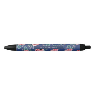 Stylo Noir Bleu Marine   Chic aquarelle Floral Personnalisé