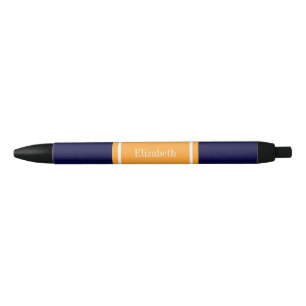 Stylo Noir Bleu marine uni, monogramme avec ruban cantaloupes