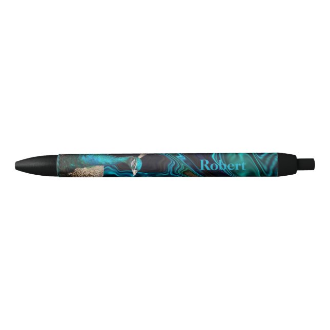 Stylo Noir Bleu paon et vert moderne élégant nom personnalisé (Devant)