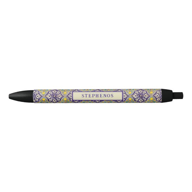 Stylo Noir Bleu personnalisé Motif méditerranéen Fleurs jaune (Devant)
