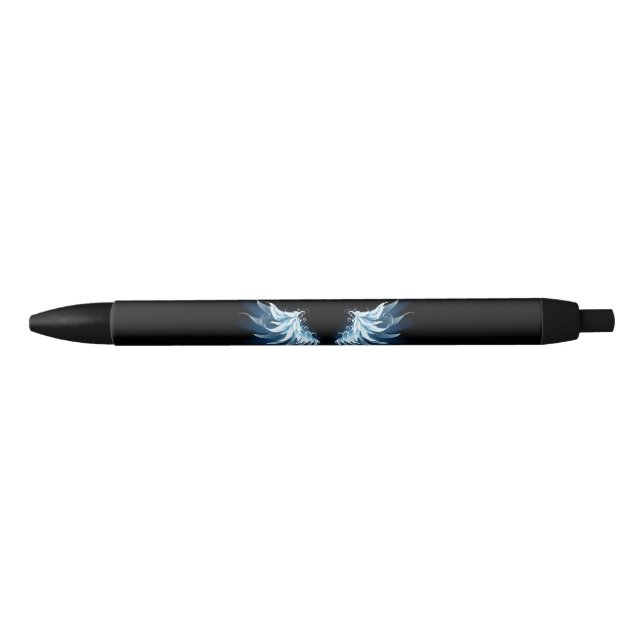 Stylo Noir Blue Glowing Angel Wings on black background (Devant)