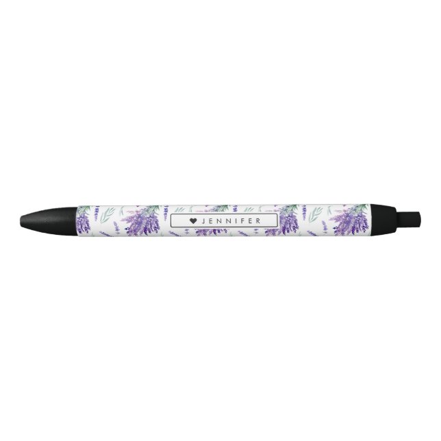 Stylo Noir Bouquet floral Lavande d'aquarelle personnalisé (Devant)