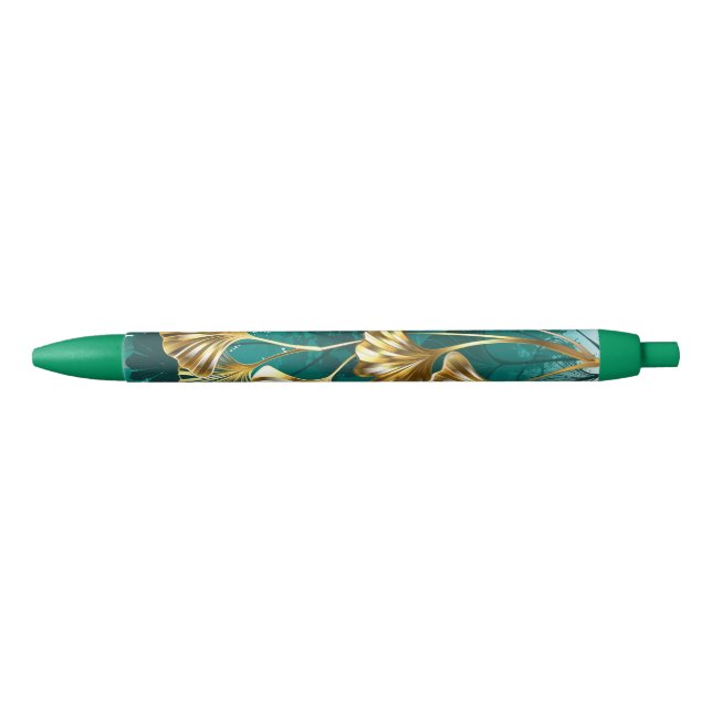 Stylo Noir Branche avec Feuilles d'or Ginko Biloba (Devant)