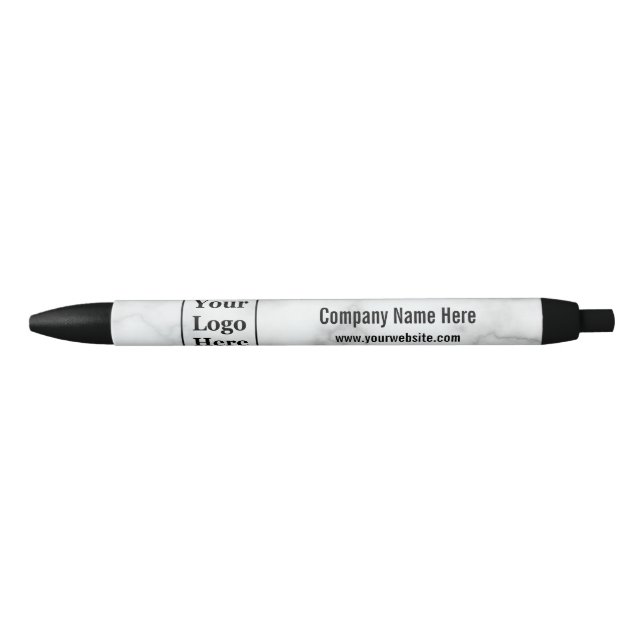Stylo Noir Business Your Logo Here & Text Faux Marbre blanc (Devant)