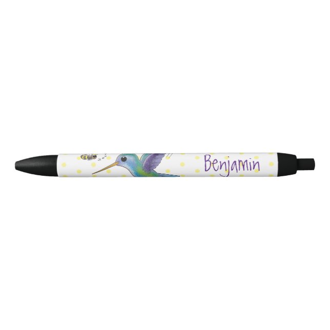Stylo Noir Caricature de colibri d'abeille mignonne (Devant)