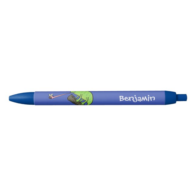 Stylo Noir Caricature de lézard de caméléon vert joyeux (Devant)