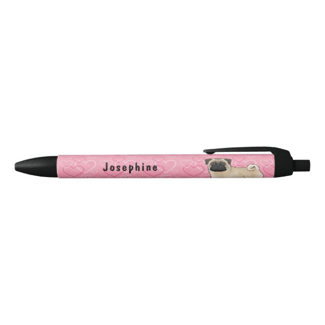 Stylo Noir Carlin Fun Chien Rose Love Coeurs Motif Avec Nom (Haut)