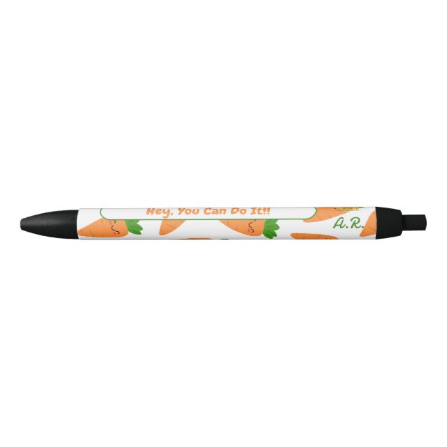 Stylo Noir Carottes orange mignonnes Monogramme vert Initiale (Devant)