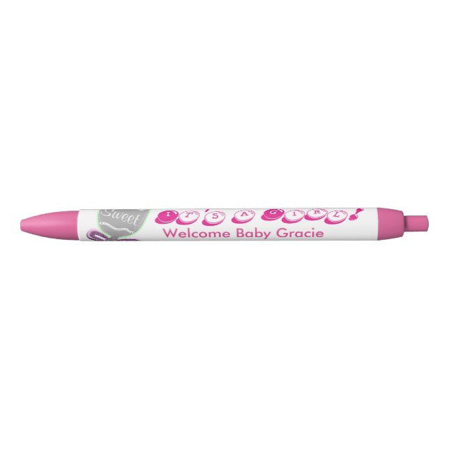 Stylo Noir C'est une fille Bébé Faire-part de nom rose (Devant)