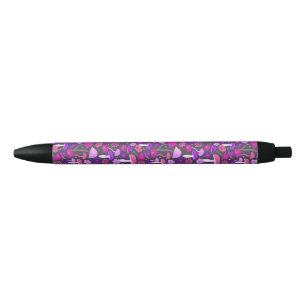 Stylo Noir Champignons floraux psychédéliques rose, violet et