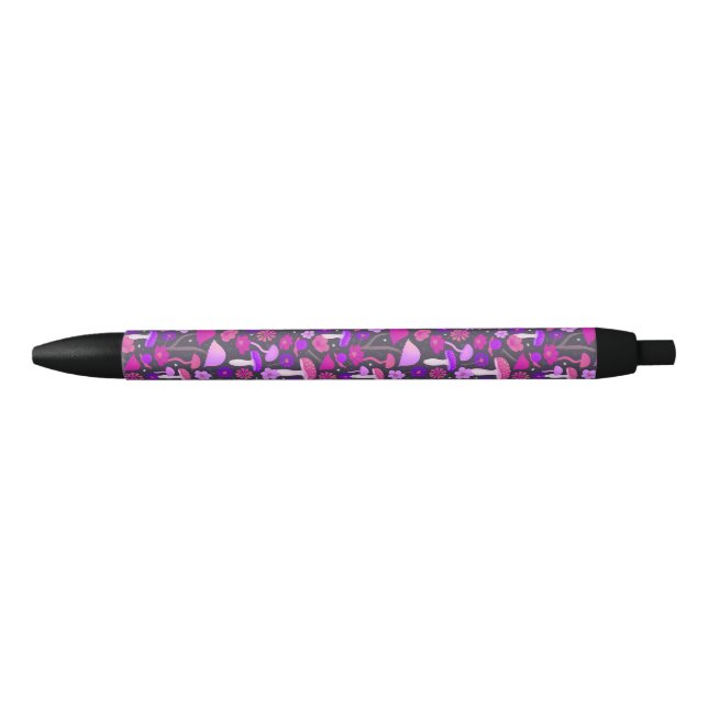 Stylo Noir Champignons floraux psychédéliques rose, violet et (Devant)
