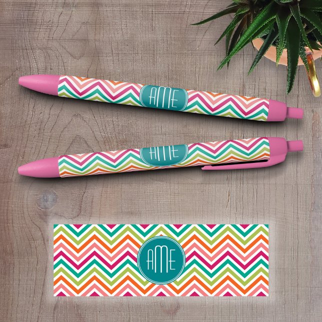 Stylo Noir Chaud rose Turquoise Orange Chevrons Personnalisé  (Custom Pen - Personalize this writing pen with your name, monogram or other text)