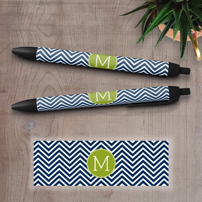 Stylo Noir Chevrons bleu marine et vert citron Monogramme per (Personalized Writing Pens)