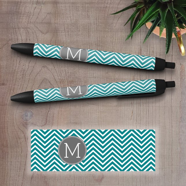 Stylo Noir Chevrons turquoises au charbon de bois Monogramme  (Custom Pen - Personalize this writing pen with your name, monogram or other text)