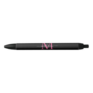 Stylo Noir Chic Black Magenta Pink Monogramme Nom du script