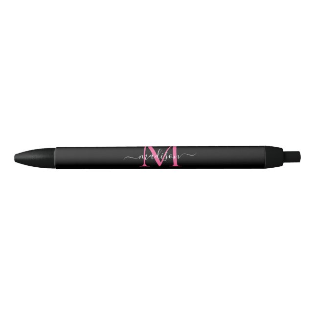 Stylo Noir Chic noir Magenta rose Monogramme Nom du script (Devant)