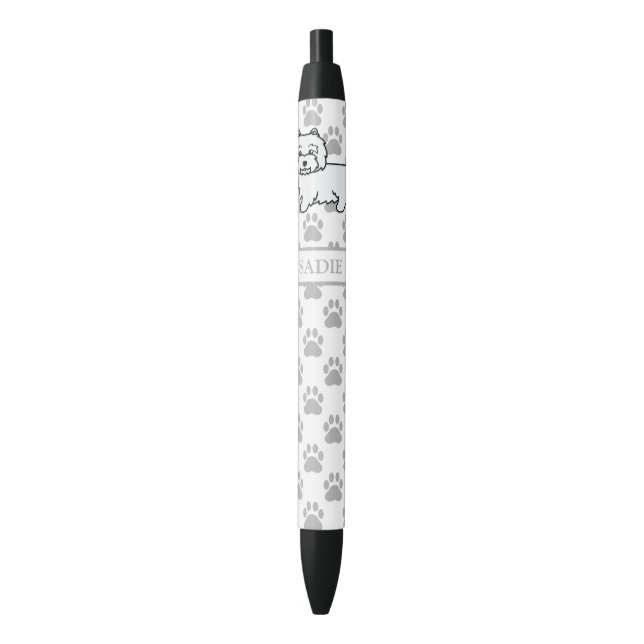 Stylo Noir Chien Caricature Westie Avec Nom Et Pâtes Grises (devant Vertical)