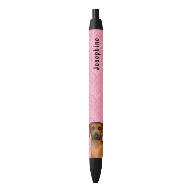 Stylo Noir Chien Rhodesian Ridgeback Sur Coeurs Rose Avec Nom (devant Vertical)